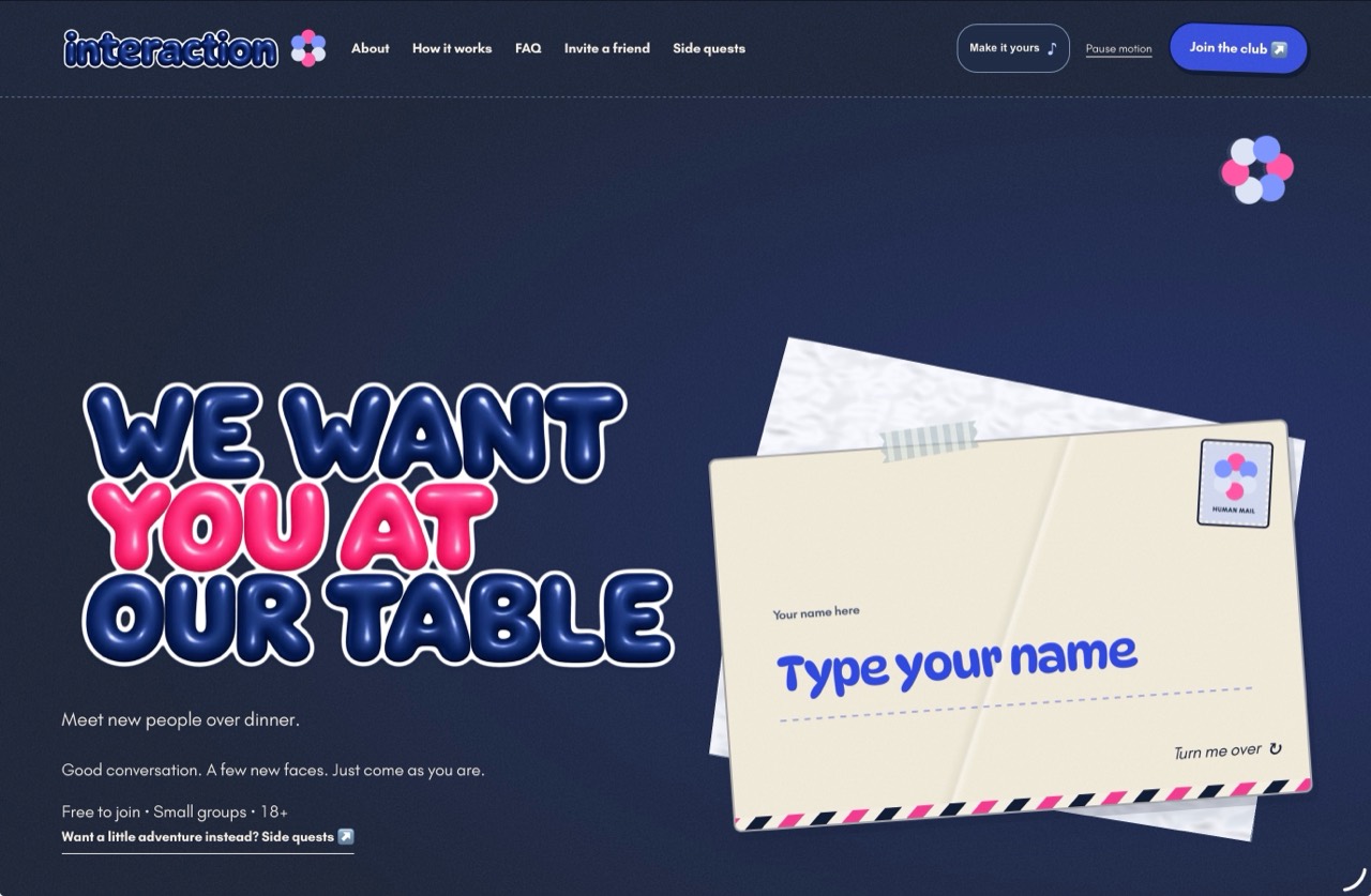 Interaction Club homepage with the headline We want you at our table and a playful invitation envelope